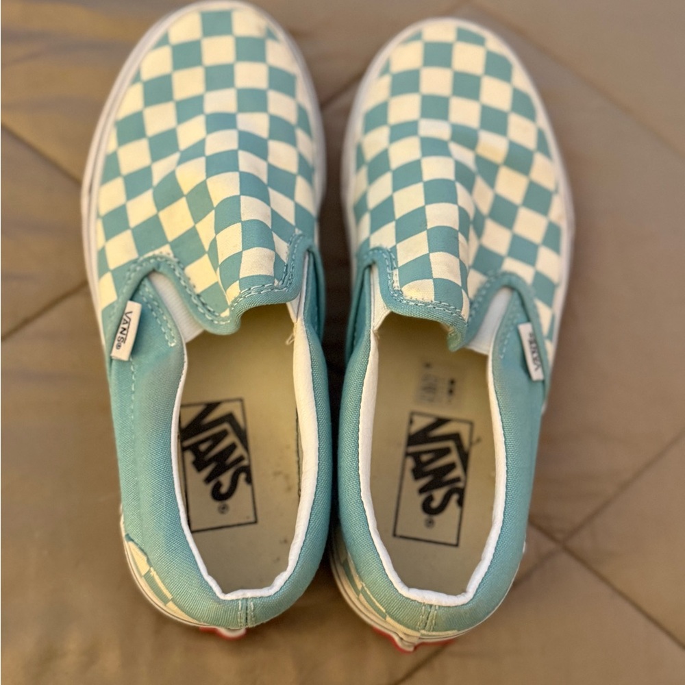 Vans Teal and White Checkered Slip-On Sneakers